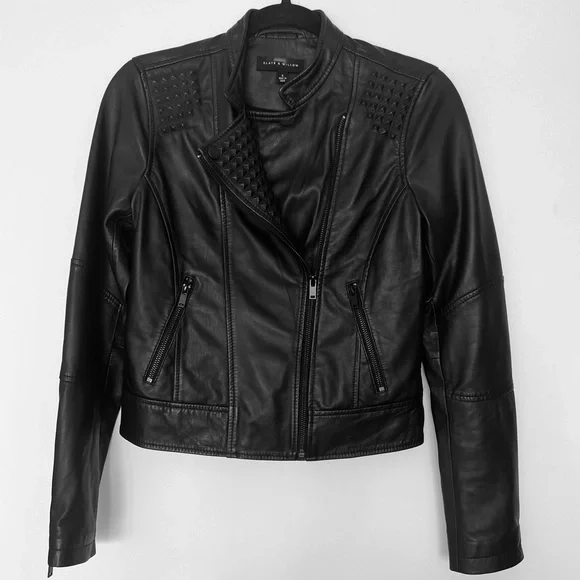 Slate & Willow Embossed Studs Moto Black 100% Leather Jacket Zipper Pockets XS/S - Picture 7 of 16